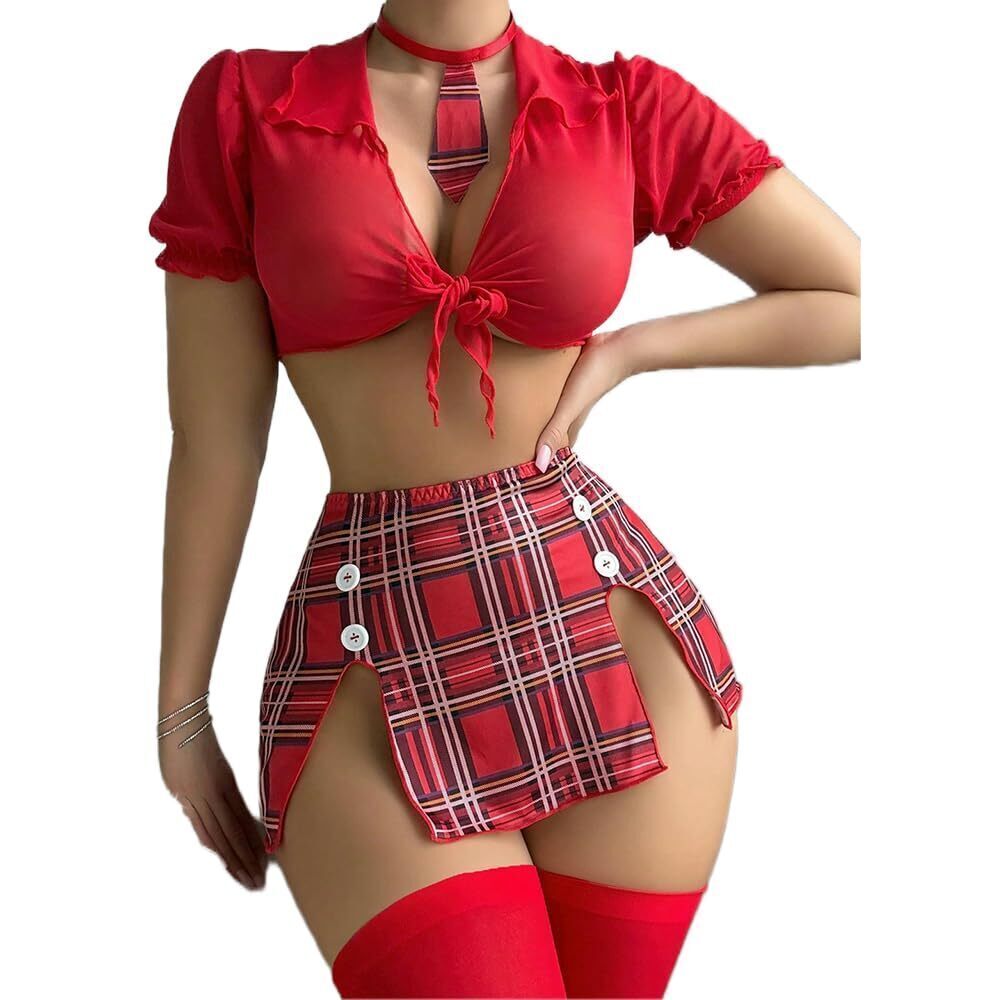 1540 Sexy School Girl Lingerie Set Student Role Play Costume with Plaid